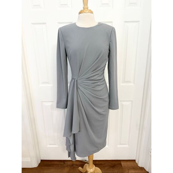 Badgley Mischka Womens Gray Long Sleeve Draped Sash Event Dress Size 8 - Picture 2 of 7